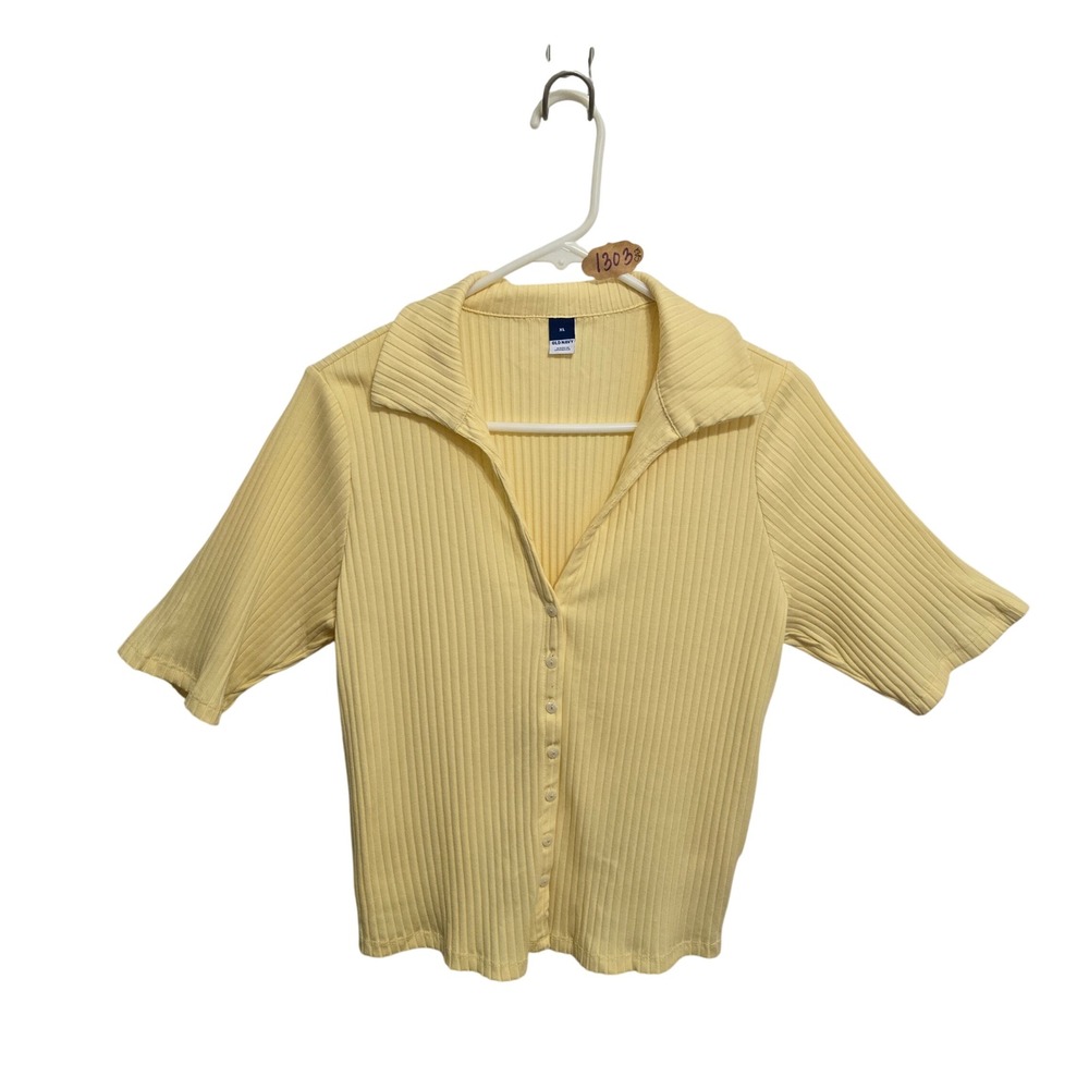 Old Navy Womens XL Yellow Ribbed Knit Button Front Collared Short Sleeve Top